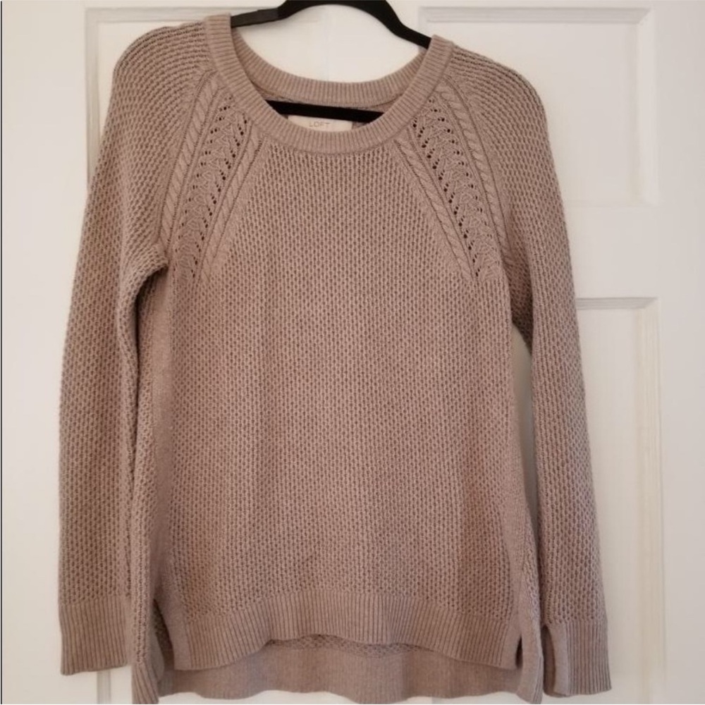 LOFT Open-Knit Taupe Crewneck Sweater cardigan preppy tan muted mauve small S